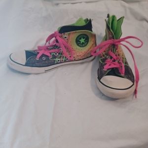 Converse High Top Sneaker Black Neon Pink Green Size 6 junior